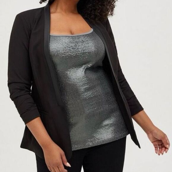 Torrid Black Faux Leather Trim Crepe Open Front Blazer NWT Plus Size Extra Large - Picture 1 of 8